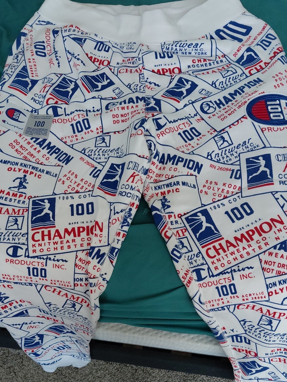 Champion White Jogger Pants with Red & Blue Graphics Vintage